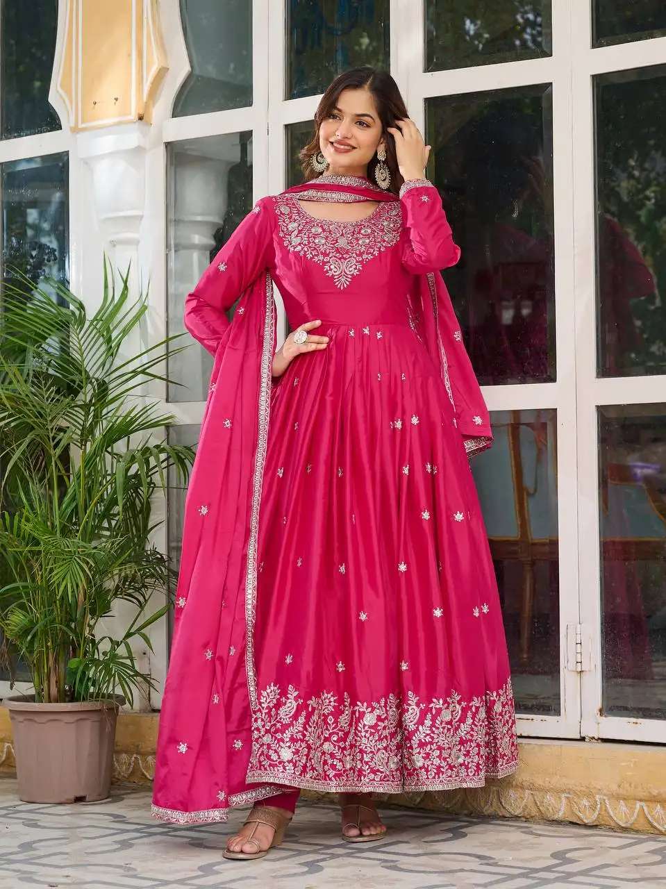 Women's American Silk Sequence Embroidery Long Anarkali Kurti Gown With Dupatta
