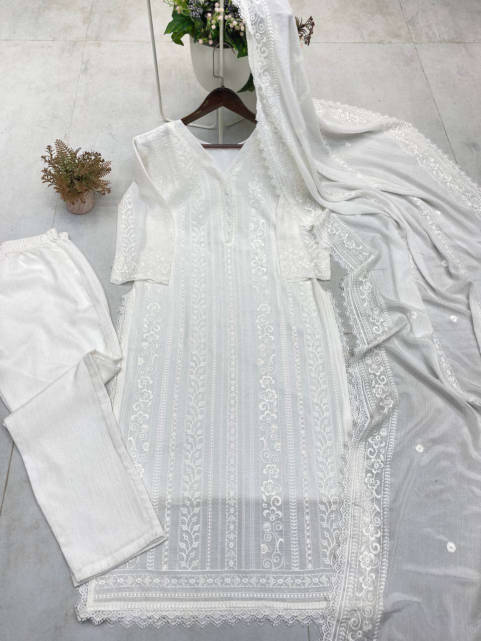Women's Chinon Silk with Cotton Thread Embroidery Straight Kurti With Pant and Dupatta set - Image 21